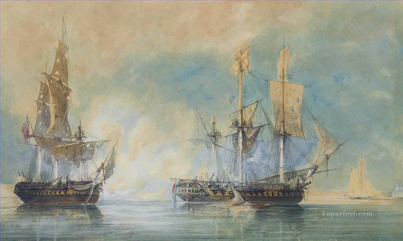 フランスのフリゲート艦を捕獲するクレセント シェルブール沖のリユニオン 1793 年の海戦油絵